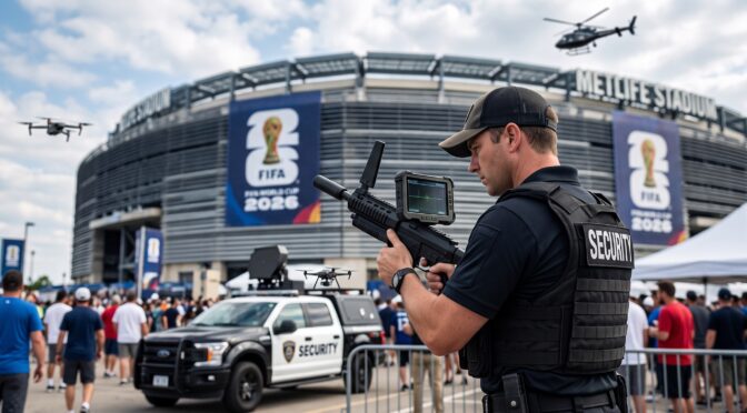 Security guard with drone detection equipment at MetLife Stadium for FIFA World Cup 2026.