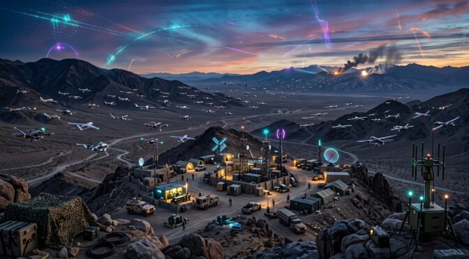 Military base with drones and aircraft in a desert landscape at dusk