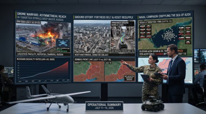 Military briefing on drone warfare, naval campaigns, and ground efforts in Russia.
