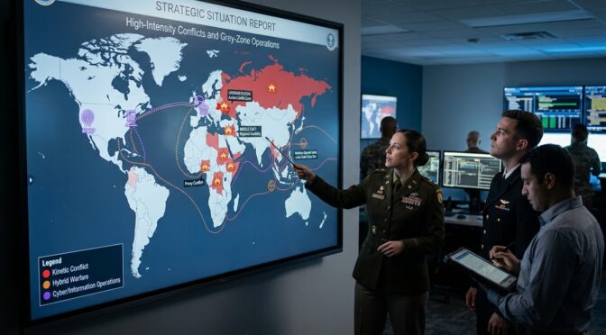 Global SITREP: Military briefing on high-intensity conflicts and grey-zone operations map.