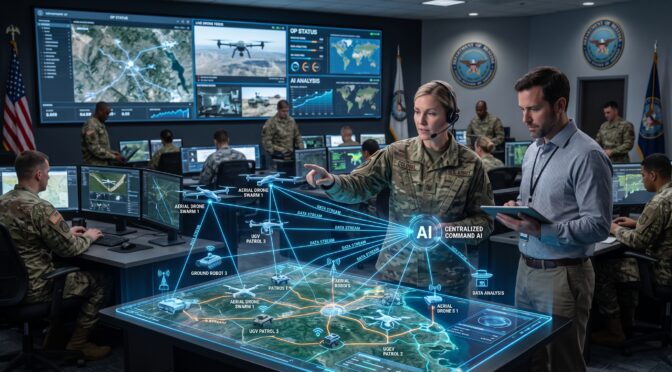 Military personnel analyze AI-driven command and control interface with drone and robot data.