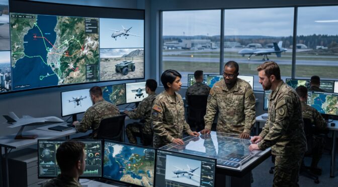 Military personnel analyze drone and satellite data on large screens in a command center.