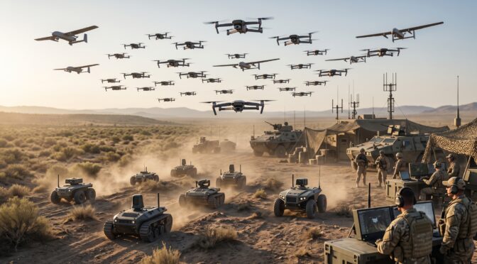 Military drones and ground robots deployed in a desert landscape with soldiers and vehicles.