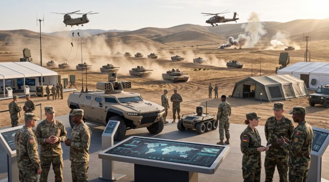 Military exercise with soldiers, advanced vehicles, and helicopters in a desert landscape.