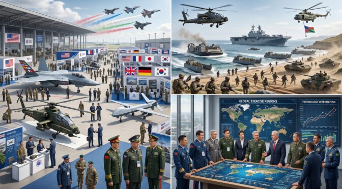Military expo with aircraft, vehicles, and personnel; command center display.