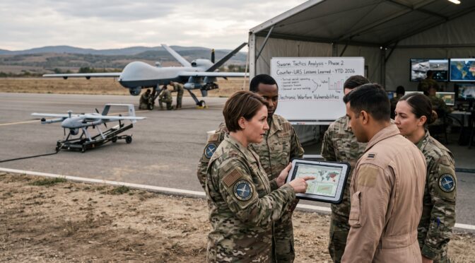 Military personnel review drone tactics data on a tablet near MQ-9 Reaper and drone.