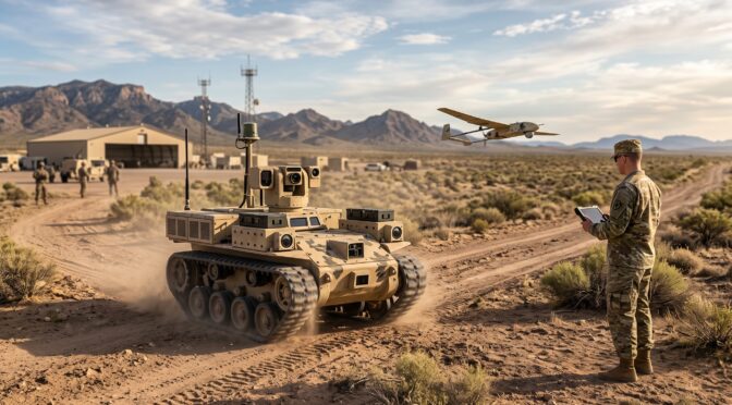 Soldier controls a desert robot tank and drone in a military training exercise.