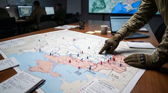 Military personnel analyze a situation map with pins indicating troop movements and objectives.