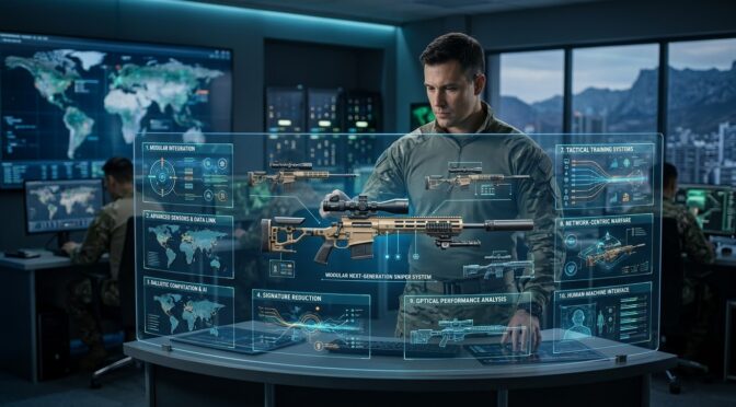 Soldier reviews next-gen sniper system data on holographic display, 2026 trends