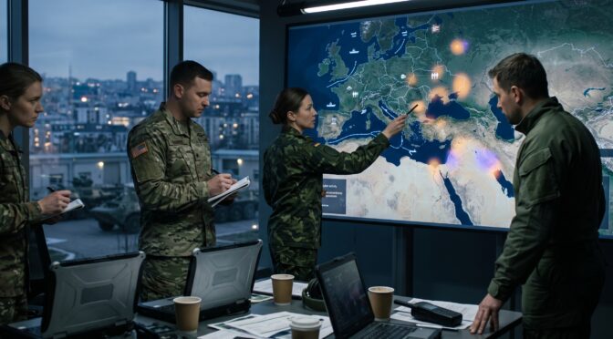 Military team analyzes a large display map of Europe and the Middle East with strategic overlays.