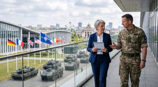 NATO officials discuss military strategy with tanks and flags outside building.