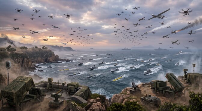 Naval fleet and drones in formation, with coastal defense systems and aircraft overhead.
