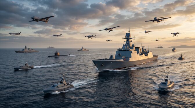 Naval fleet with drones and submarines sailing at sunset