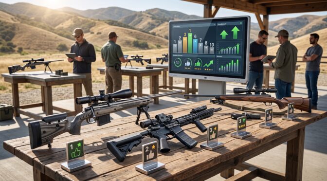 Rifles and tactical gear displayed on a table at an outdoor shooting range with a digital analytics screen.