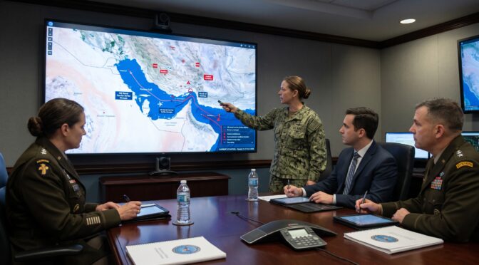 US Navy officers brief on a map display showing naval operations in the Persian Gulf.