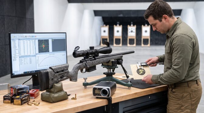 Man measuring rifle target accuracy on computer screen at indoor shooting range.