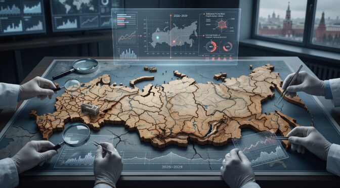 Team analyzing 3D map of Russia with data overlays and charts.