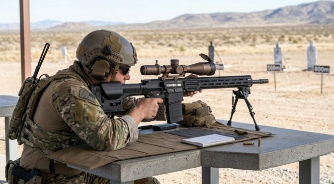 Soldier aims a rifle with a scope at a shooting range.