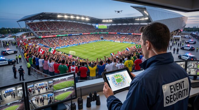 Event security monitors stadium crowd and field from control room with multiple screens.
