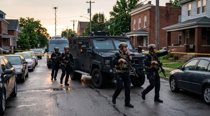 SWAT team in tactical gear with armored vehicle on residential street at dusk.