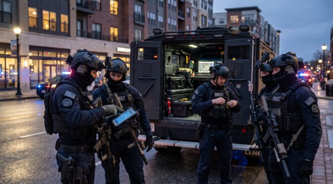 SWAT team members in tactical gear near a police vehicle.