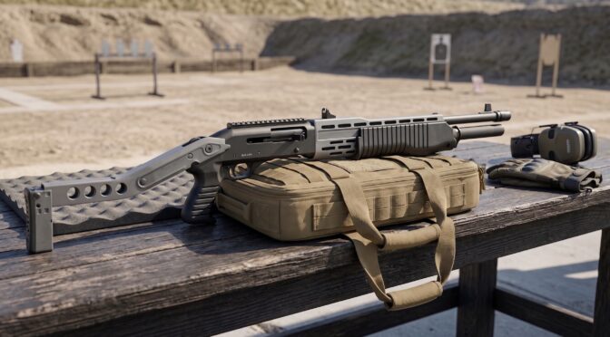 Tactical shotgun with accessories on a wooden table at a shooting range.