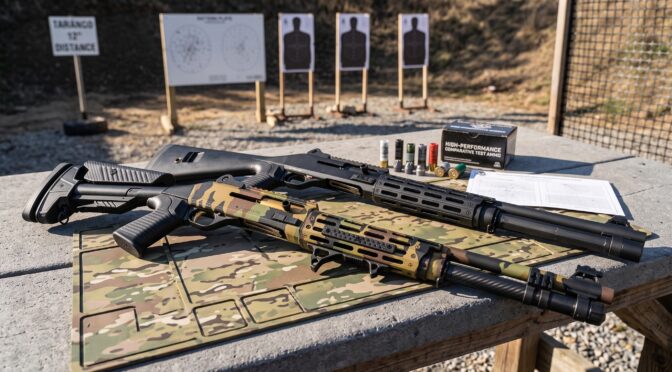 Two tactical shotguns, one black and one camouflage, on a table with targets in the background.