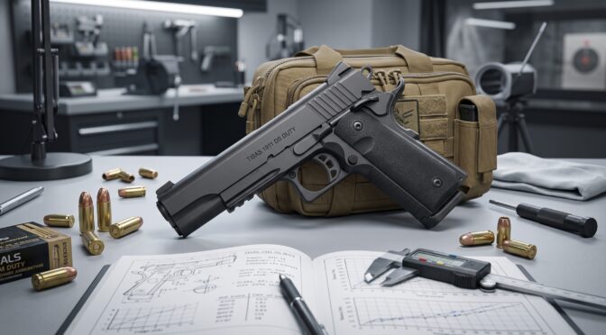 Tisas 1911 DS Duty pistol, ammunition, blueprints, and calipers on a workbench.