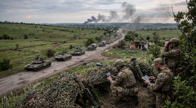 Ukrainian soldiers observe a convoy of tanks and military vehicles advancing on a rural road.