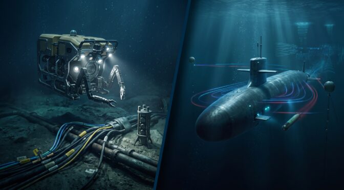 Underwater ROV inspects subsea cables next to a military submarine.