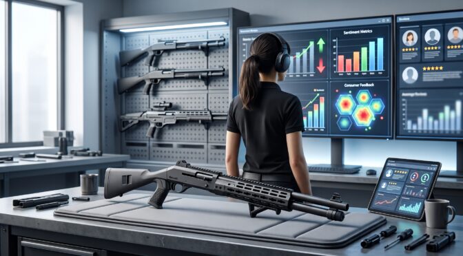 Woman in headphones analyzes data on screens next to firearms display.
