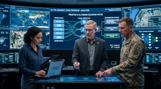 AI and human decision paths analyzed in a control room with global maps.