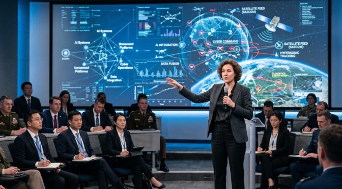 Woman presents AI integration and cyber command on a large screen to military personnel.