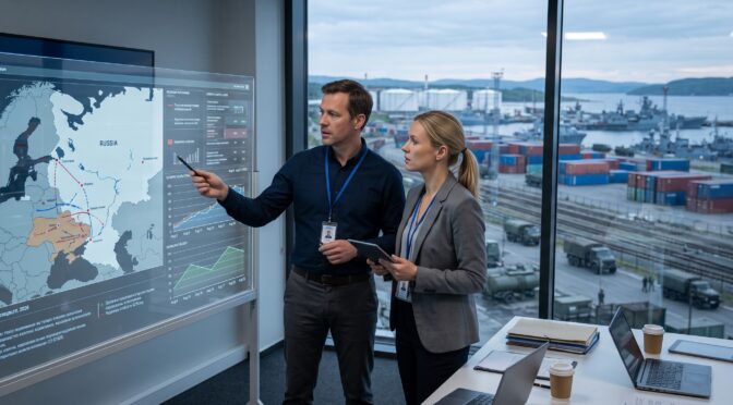 Two analysts review a map displaying Russian energy routes on a large interactive screen.