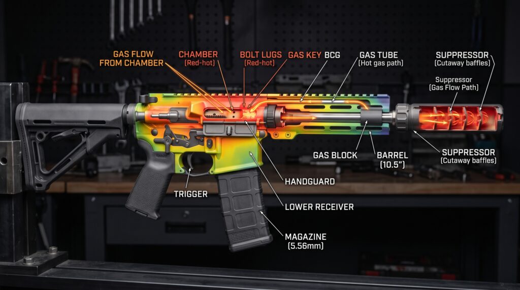 AR-15 internal components diagram with gas flow path and suppressor cutaway.
