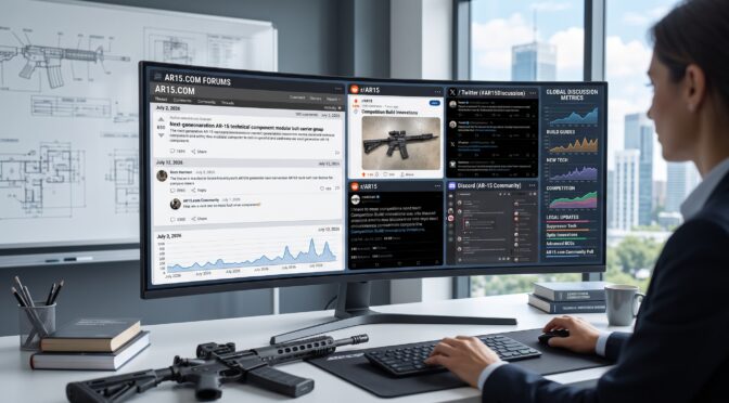 Woman at desk with multi-monitor setup displaying AR15 forums, Twitter, and global discussion metrics.