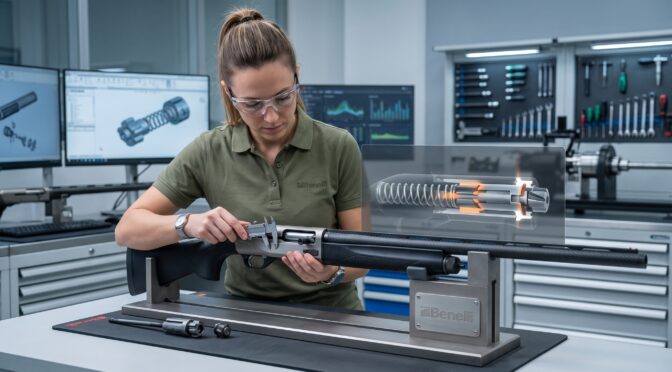 Woman inspecting a Benelli shotgun with a digital overlay of internal components