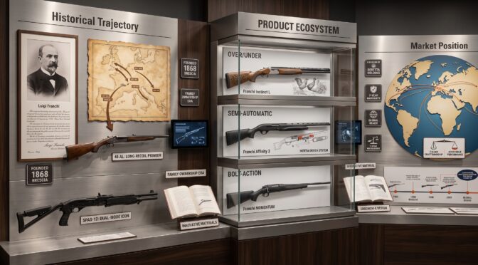 Beretta Product Ecosystem display: historical trajectory, market position, and firearm models.