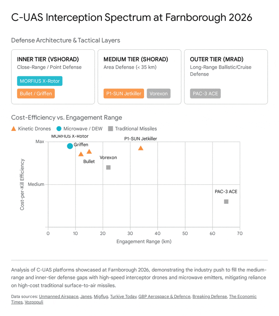 C-UAS interception spectrum at Farnborough 2026 chart: cost-efficiency vs. engagement range.