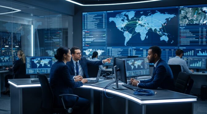 Data analysts in a control room point at a world map display showing global network connections.