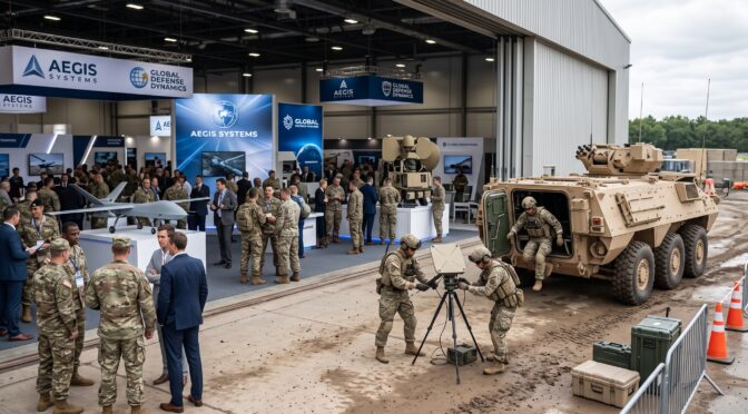 Military personnel interact with an armored vehicle and drone display at a defense expo.