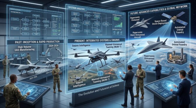 Defense innovation: UAS manufacturing, drone swarms, and future hypersonic & space capabilities.