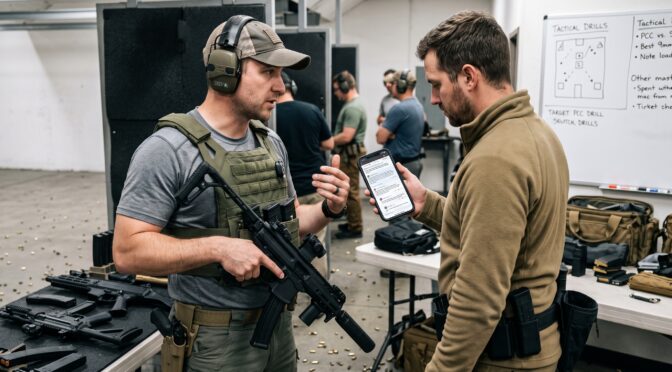 Two men discuss firearm training on a phone at an indoor shooting range.