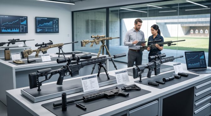 Two professionals review rifle models and data on a tablet in a showroom with firearms display.