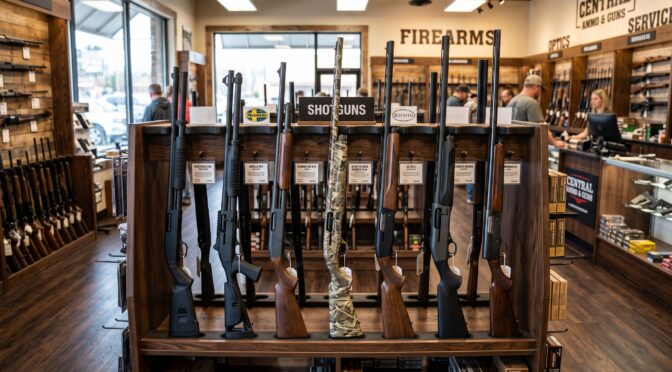 Guns displayed in a firearms store, including shotguns and rifles.