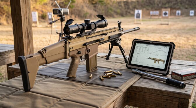 FN SCAR 17S rifle with scope, bipod, ammunition, and tablet on a shooting range table