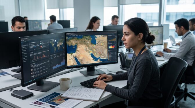 Woman analyzing global data on multiple computer screens in an office setting.