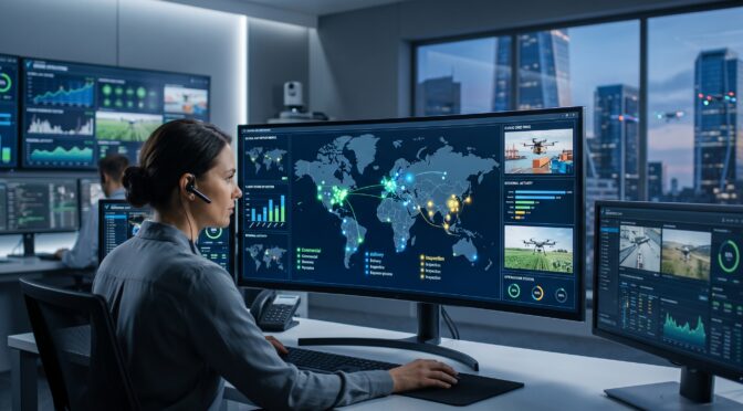 Woman monitors global drone operations on a large computer screen with world map data.