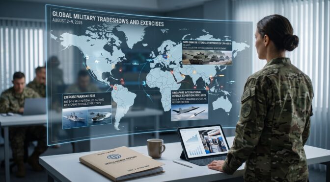 Military personnel analyze global military exercises on a holographic display.