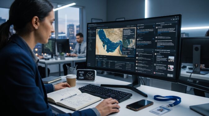 Woman analyzing global monitoring data on a large computer screen in an office.
